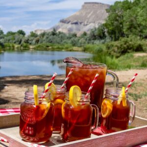ice tea in front of a mountain lake