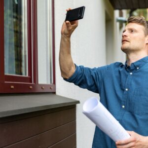 An appraiser looking at a house