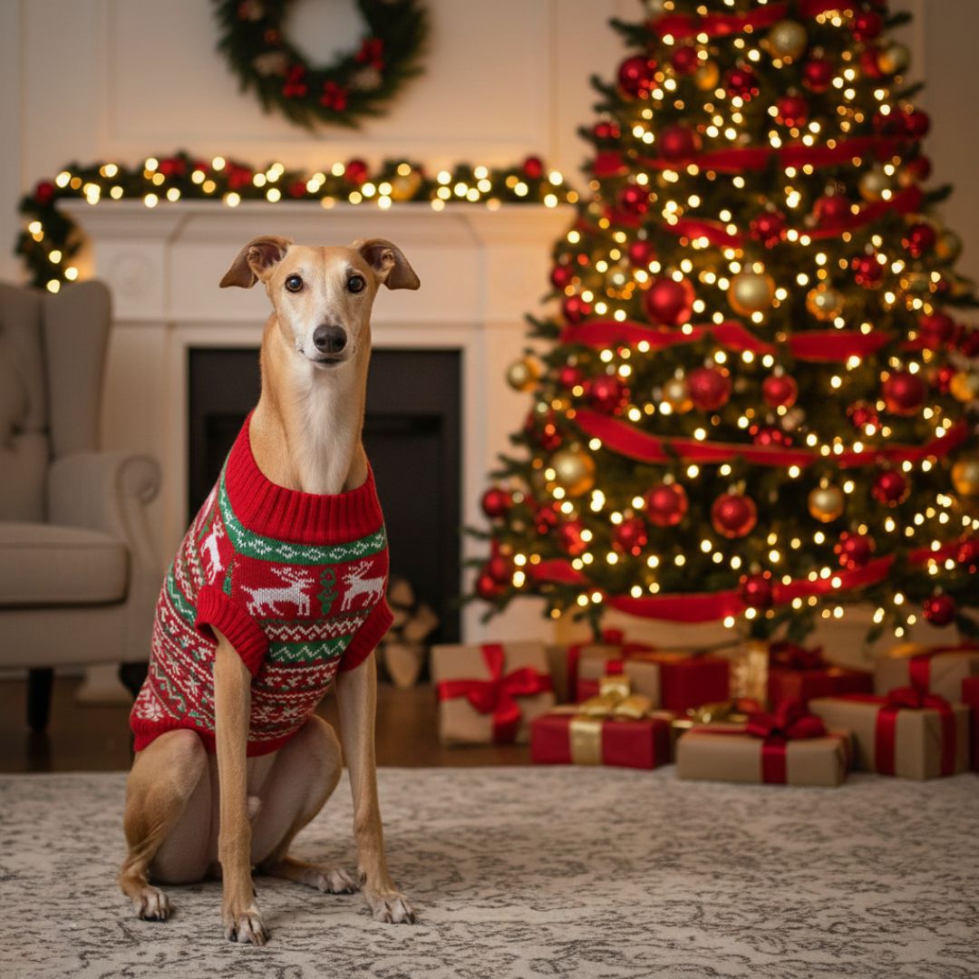 greyhound by christmas tree